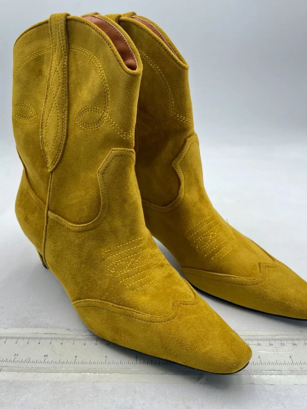 FSJ Goldenrod Suede Square Toe Comfort Kitten Low Heel Ankle Boot Pull On Boot